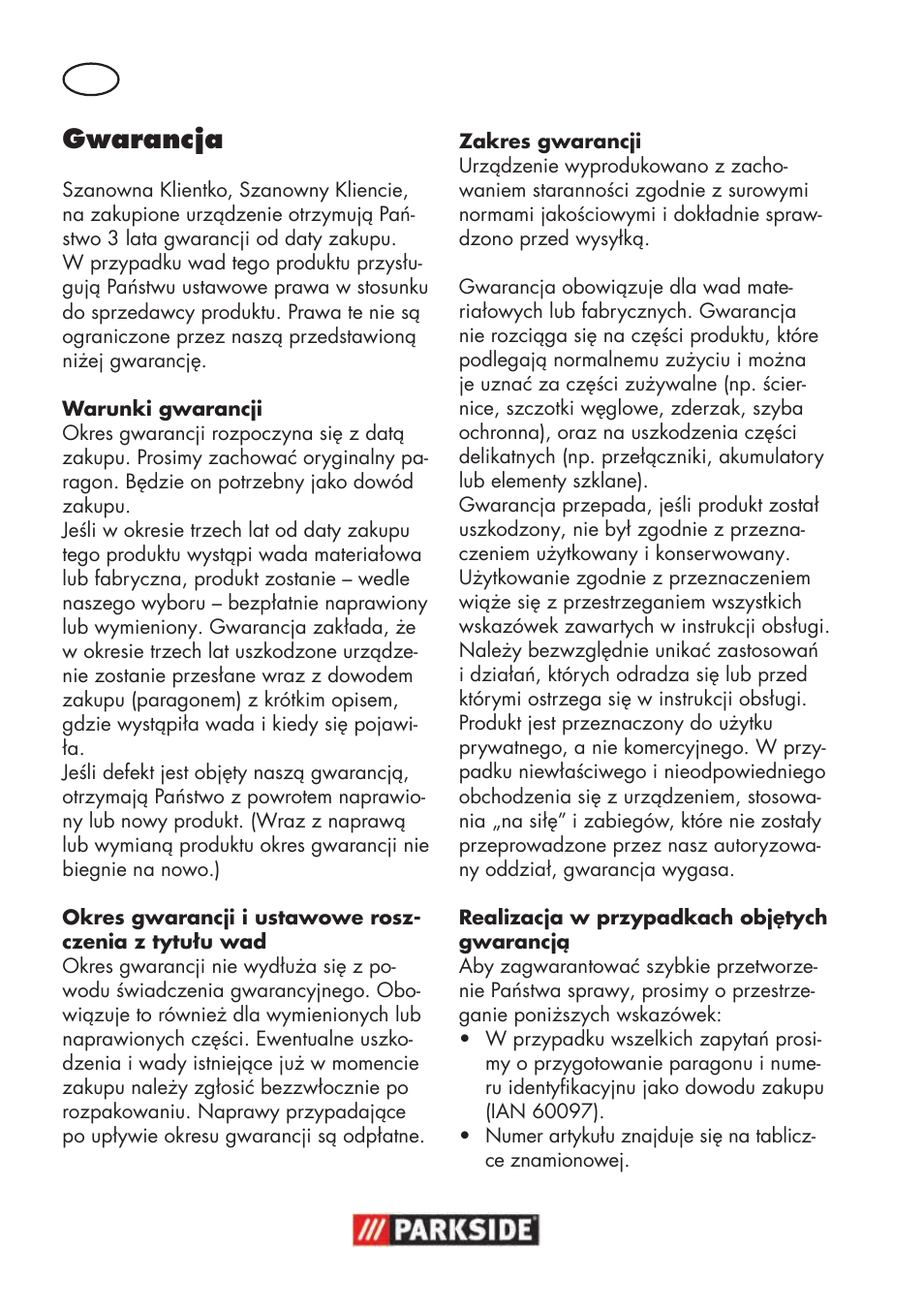 Gwarancja | Parkside PSBS 240 B2 User Manual | Page 32 / 104