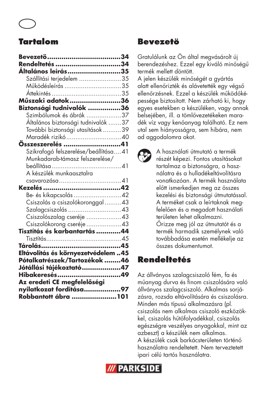 Bevezetö, Rendeltetés, Tartalom | Parkside PSBS 240 B2 User Manual | Page 34 / 104