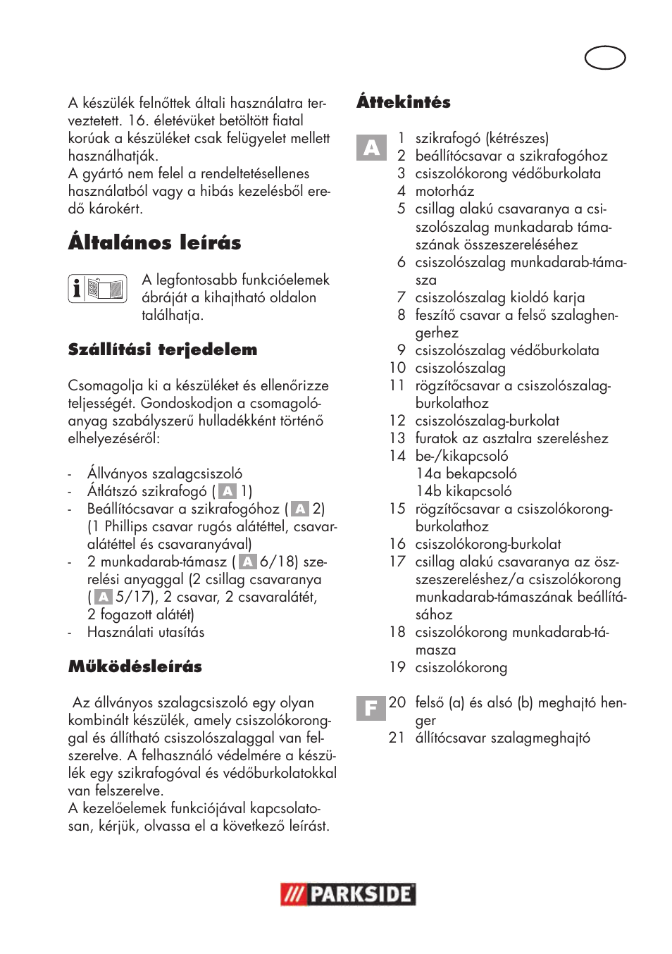 Általános leírás | Parkside PSBS 240 B2 User Manual | Page 35 / 104