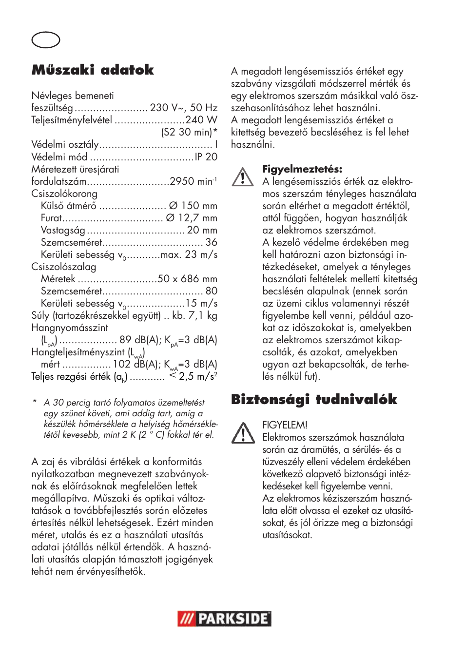 Műszaki adatok, Biztonsági tudnivalók | Parkside PSBS 240 B2 User Manual | Page 36 / 104