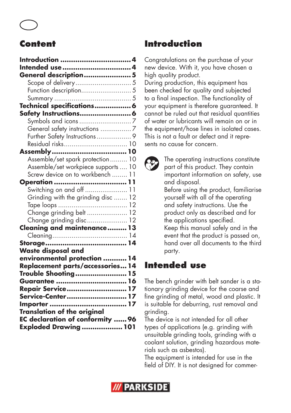 Introduction, Intended use, Content | Parkside PSBS 240 B2 User Manual | Page 4 / 104