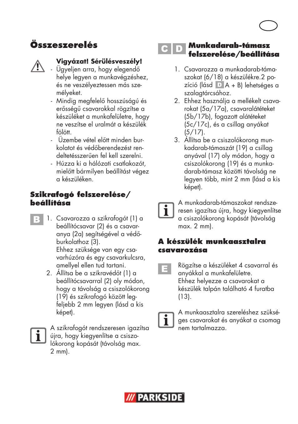 Összeszerelés | Parkside PSBS 240 B2 User Manual | Page 41 / 104