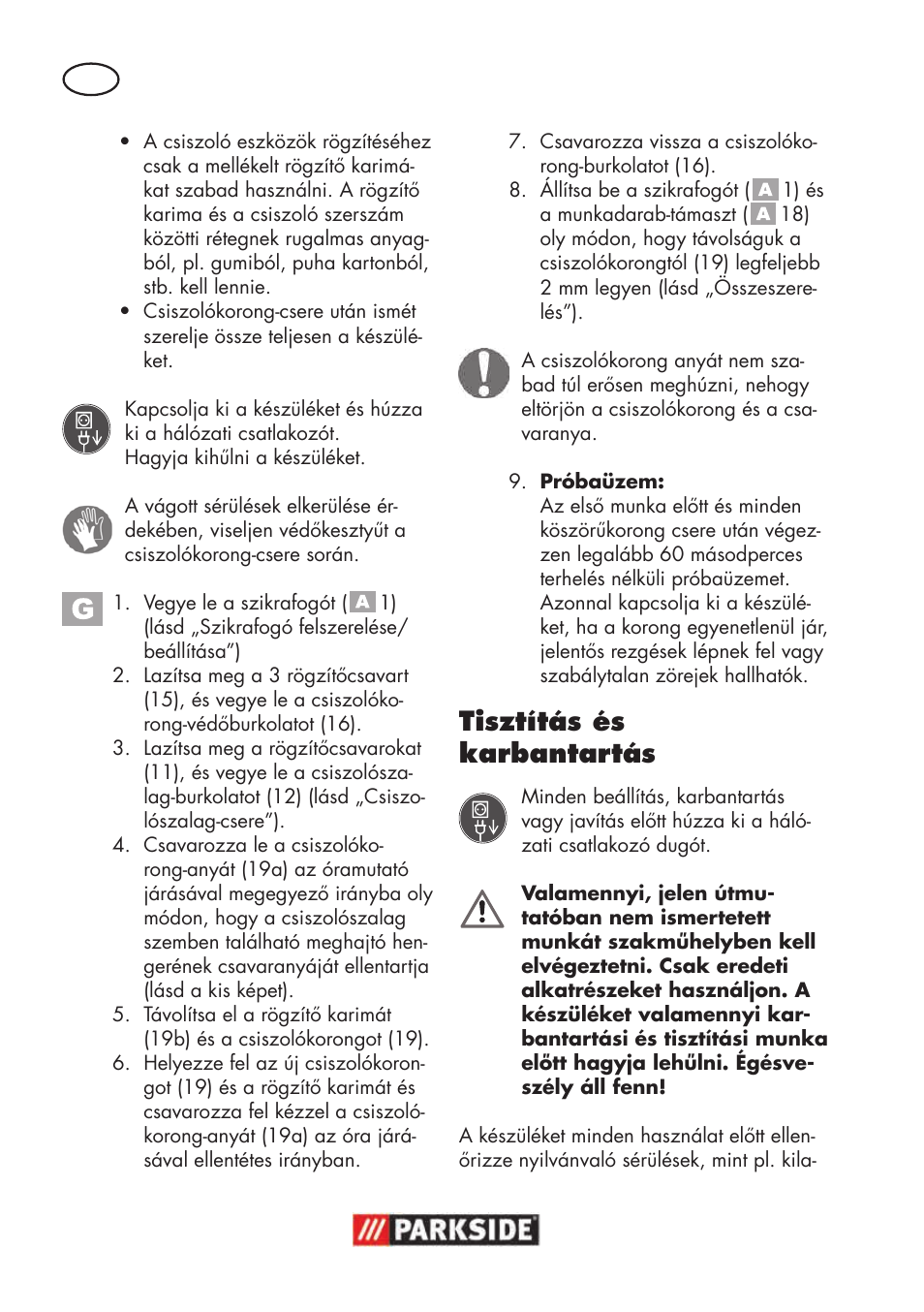 Tisztítás és karbantartás | Parkside PSBS 240 B2 User Manual | Page 44 / 104