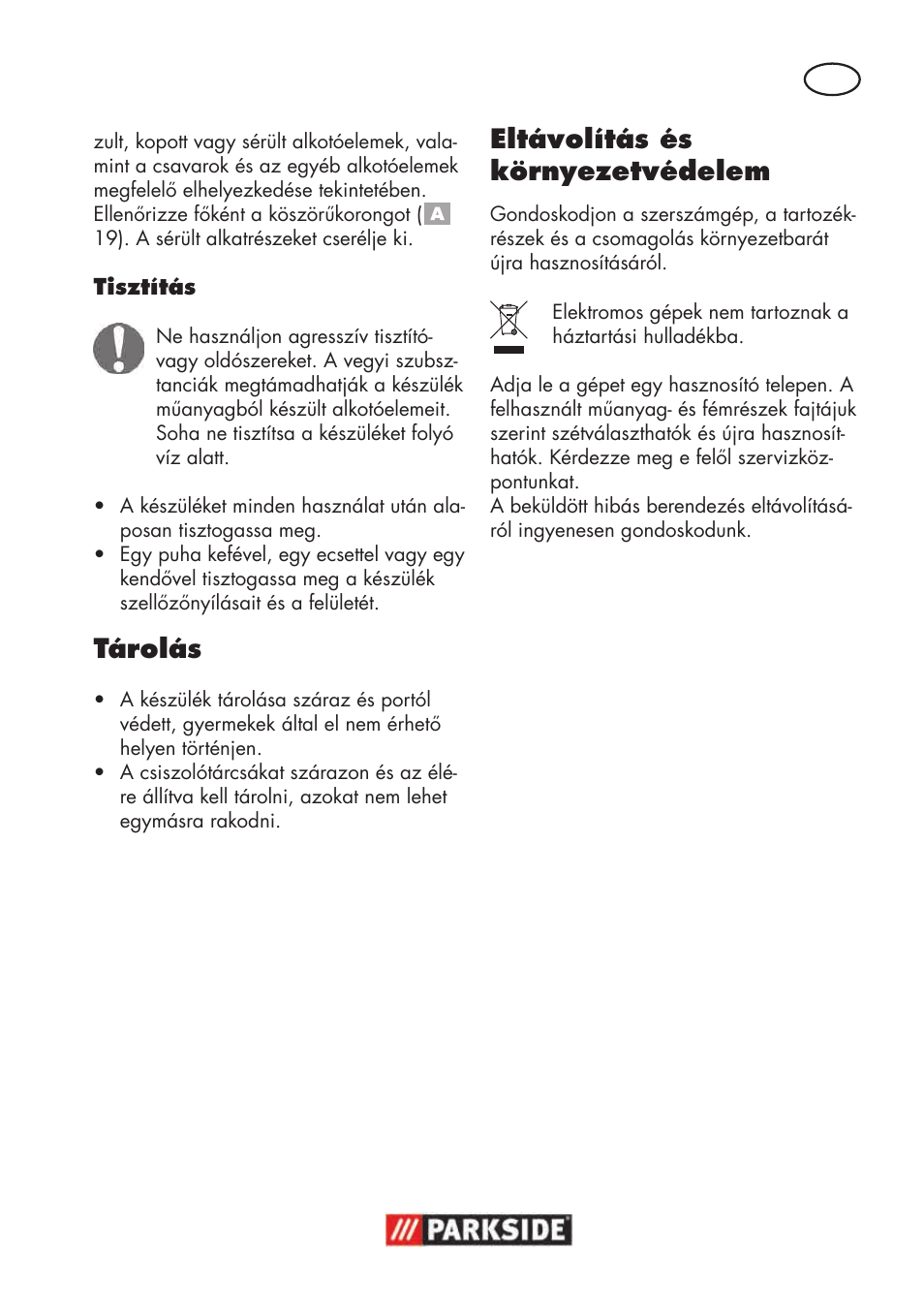 Tárolás, Eltávolítás és környezetvédelem | Parkside PSBS 240 B2 User Manual | Page 45 / 104