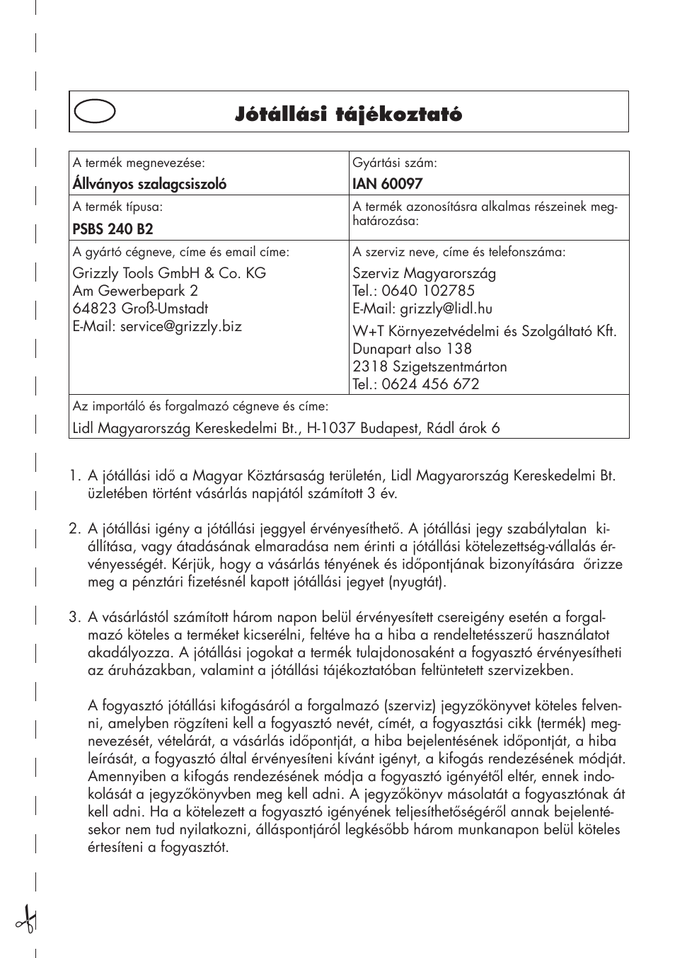 Jótállási tájékoztató | Parkside PSBS 240 B2 User Manual | Page 47 / 104