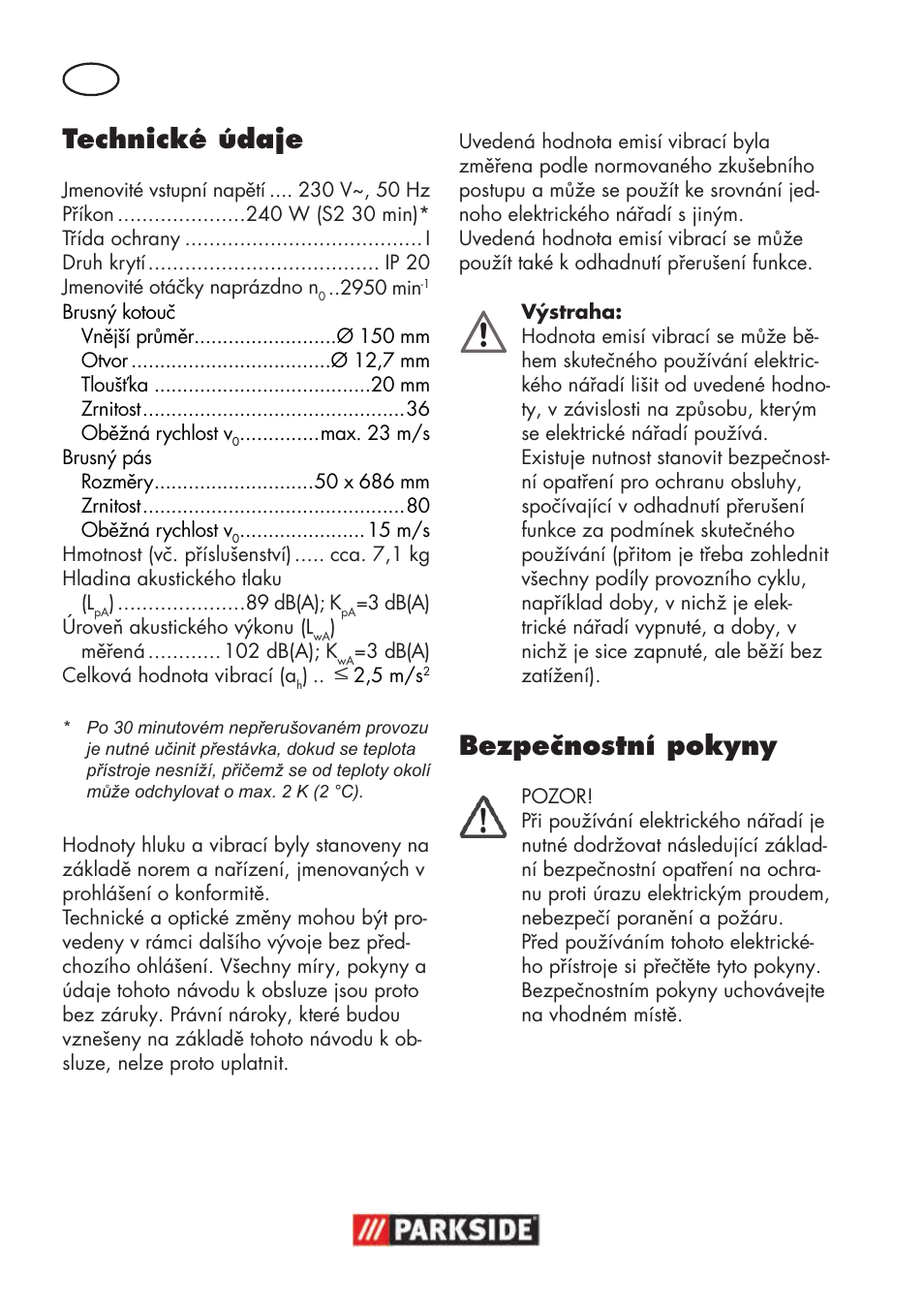 Technické údaje, Bezpečnostní pokyny | Parkside PSBS 240 B2 User Manual | Page 52 / 104