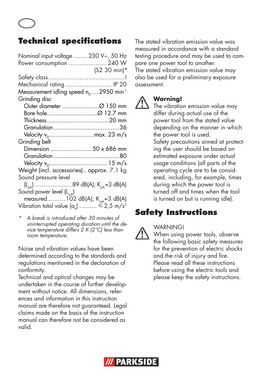 Technical specifications, Safety instructions | Parkside PSBS 240 B2 User Manual | Page 6 / 104