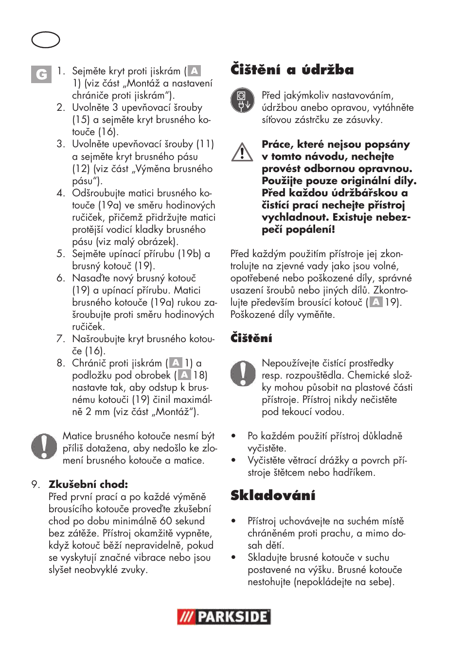 Čištění a údržba, Skladování | Parkside PSBS 240 B2 User Manual | Page 60 / 104