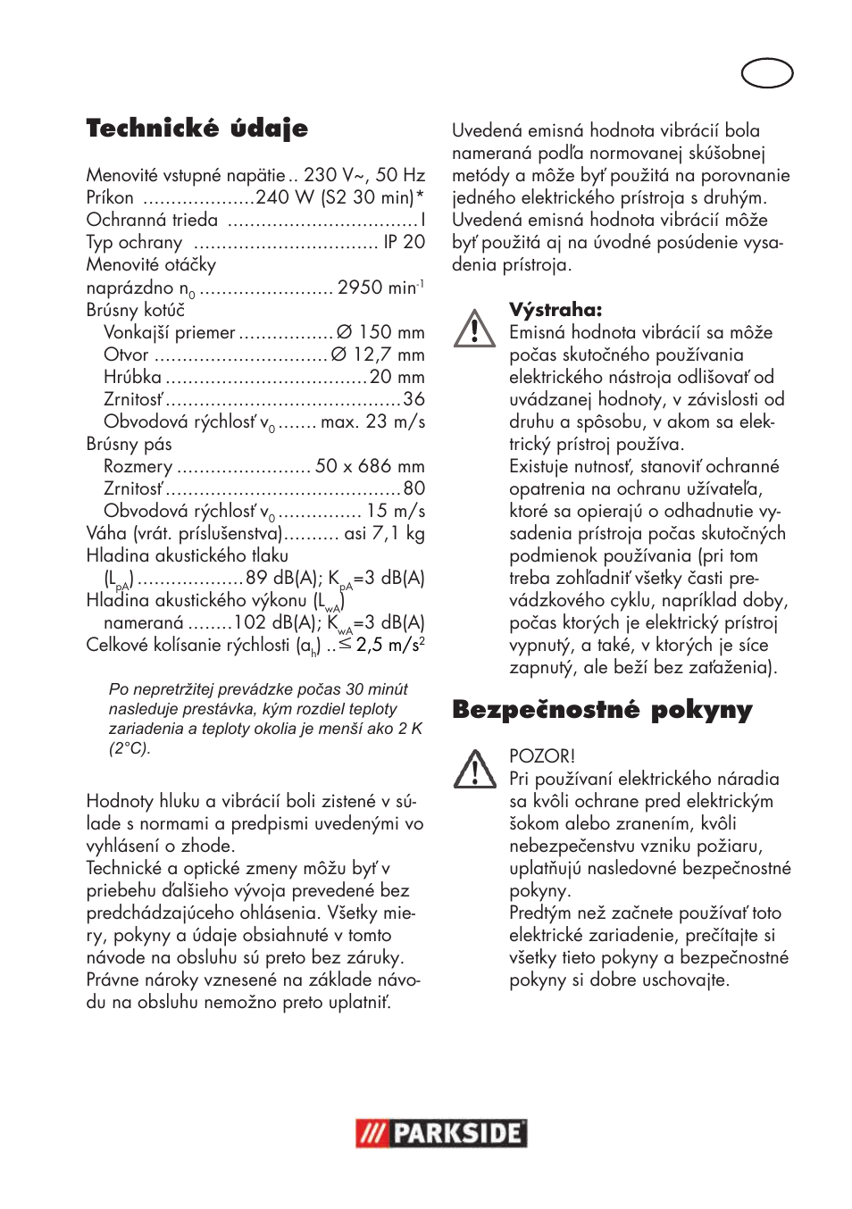 Technické údaje, Bezpečnostné pokyny | Parkside PSBS 240 B2 User Manual | Page 67 / 104