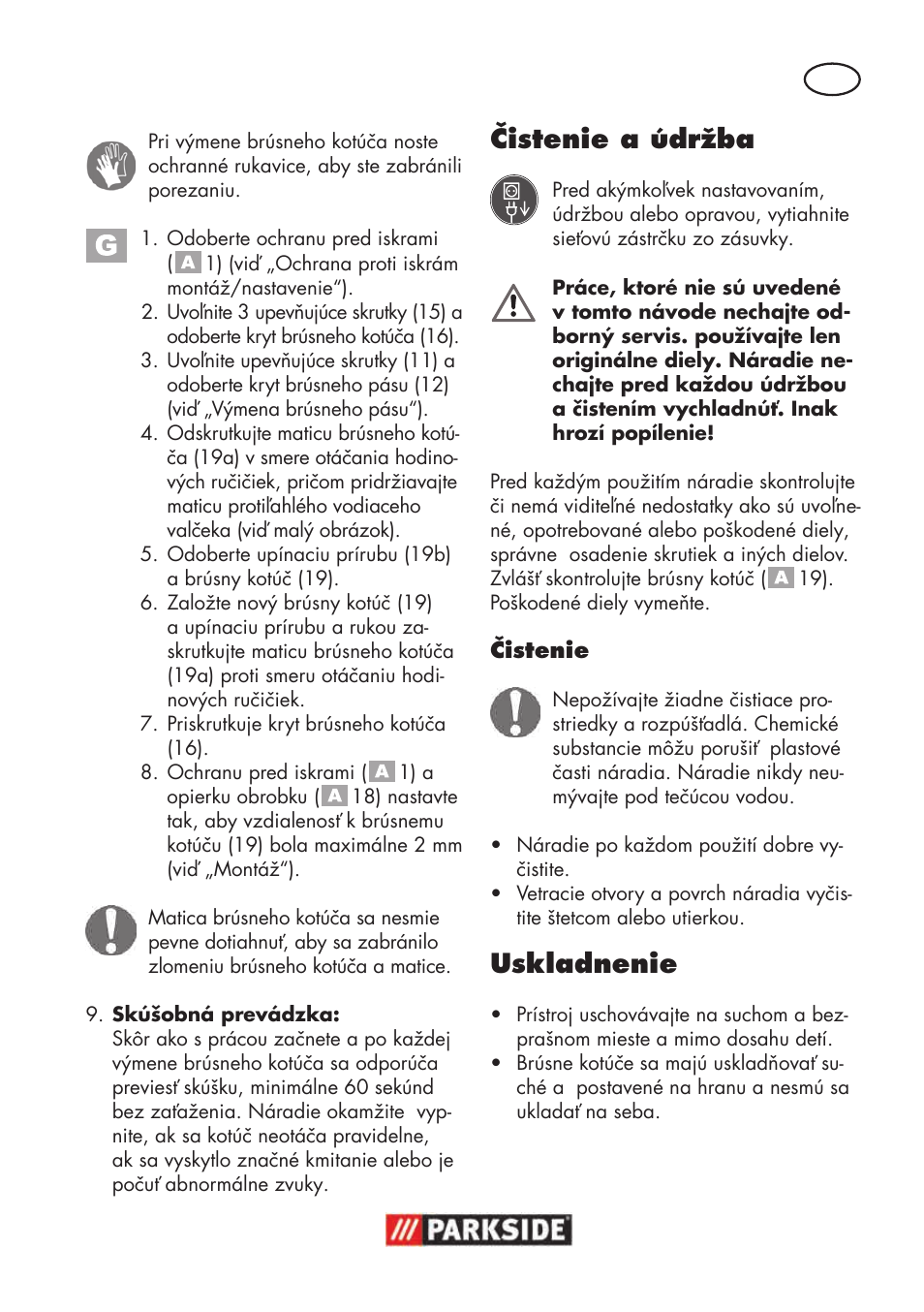 Čistenie a údržba, Uskladnenie | Parkside PSBS 240 B2 User Manual | Page 75 / 104