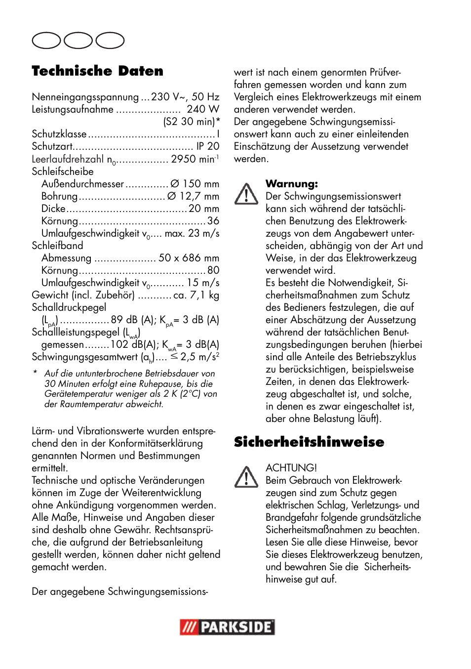 Technische daten, Sicherheitshinweise, De at ch | Parkside PSBS 240 B2 User Manual | Page 82 / 104