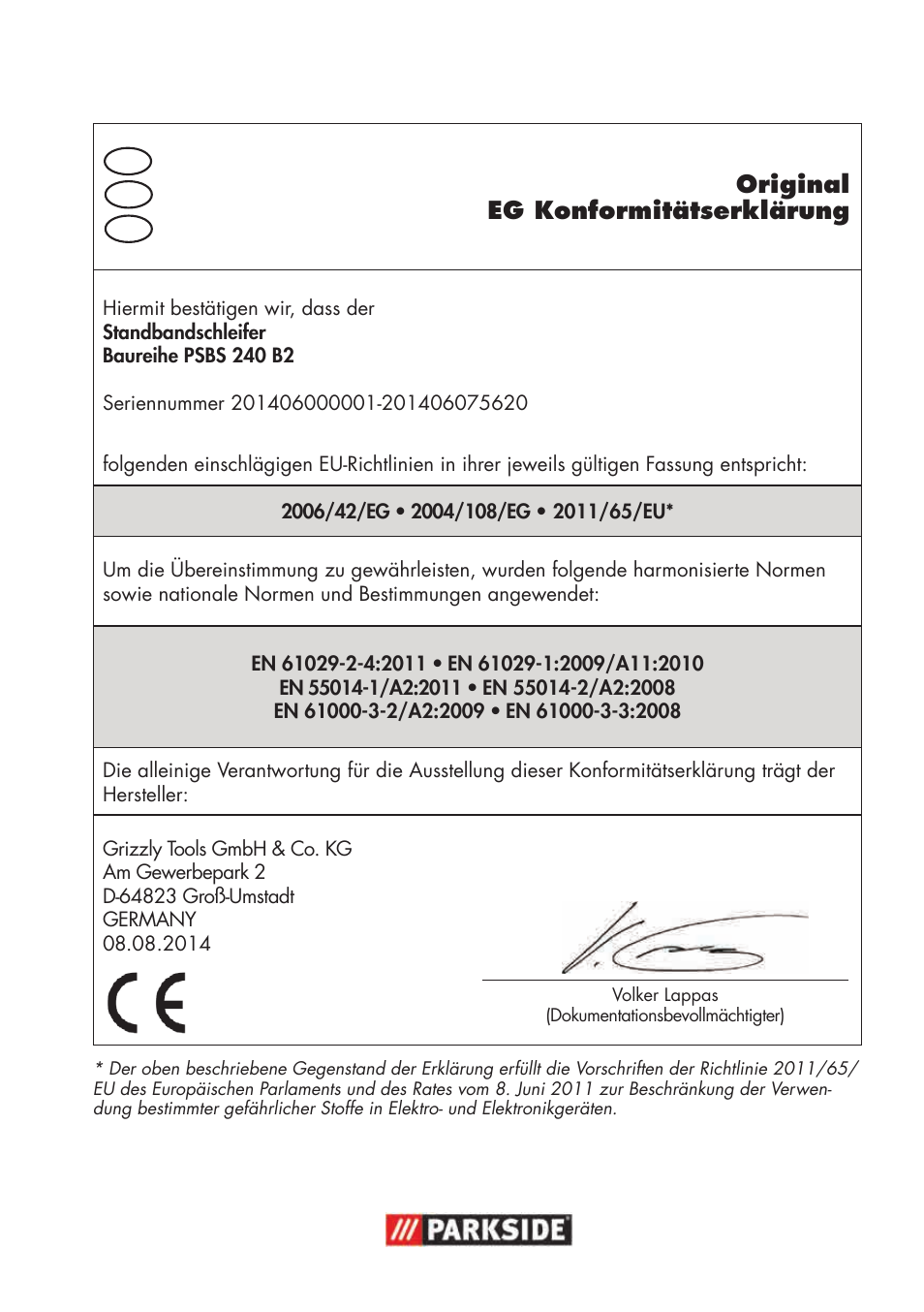 Original eg konformitätserklärung | Parkside PSBS 240 B2 User Manual | Page 99 / 104