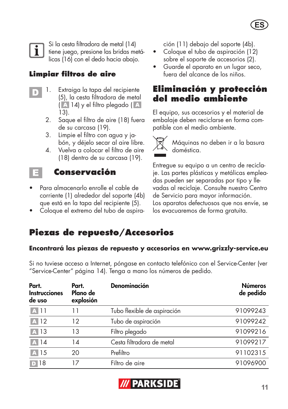Conservación, Eliminación y protección del medio ambiente, Piezas de repuesto/accesorios | Parkside PAS 500 D3 User Manual | Page 11 / 66