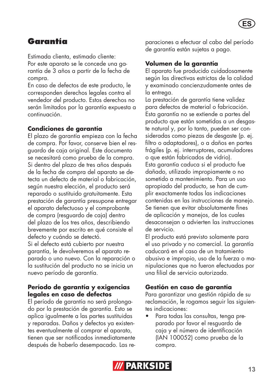 Garantía | Parkside PAS 500 D3 User Manual | Page 13 / 66