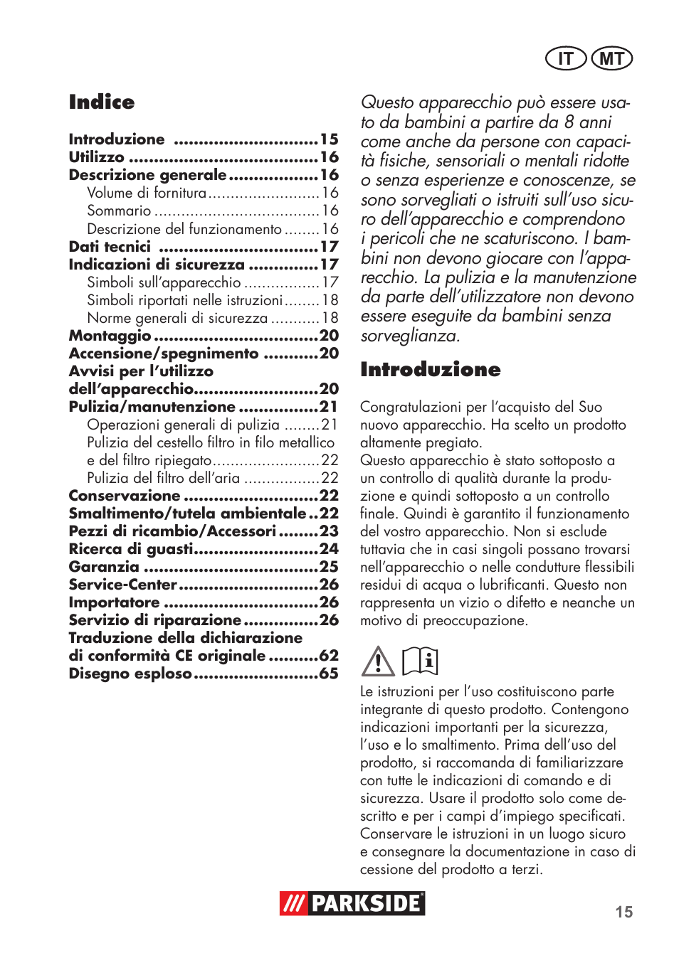 Indice, Introduzione | Parkside PAS 500 D3 User Manual | Page 15 / 66