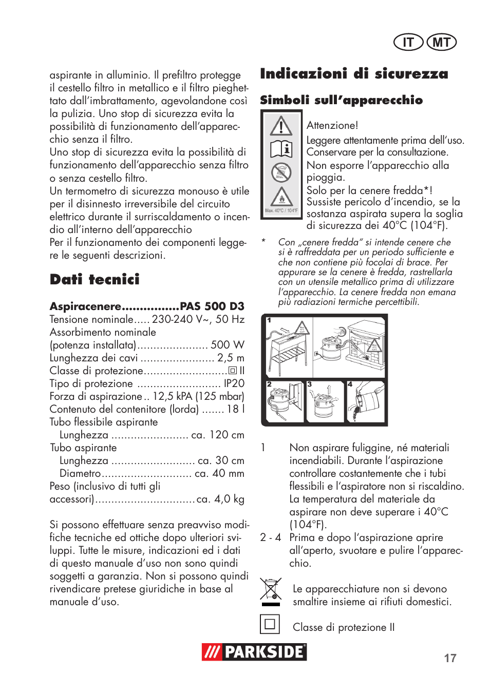 Dati tecnici, Indicazioni di sicurezza, It mt | Parkside PAS 500 D3 User Manual | Page 17 / 66