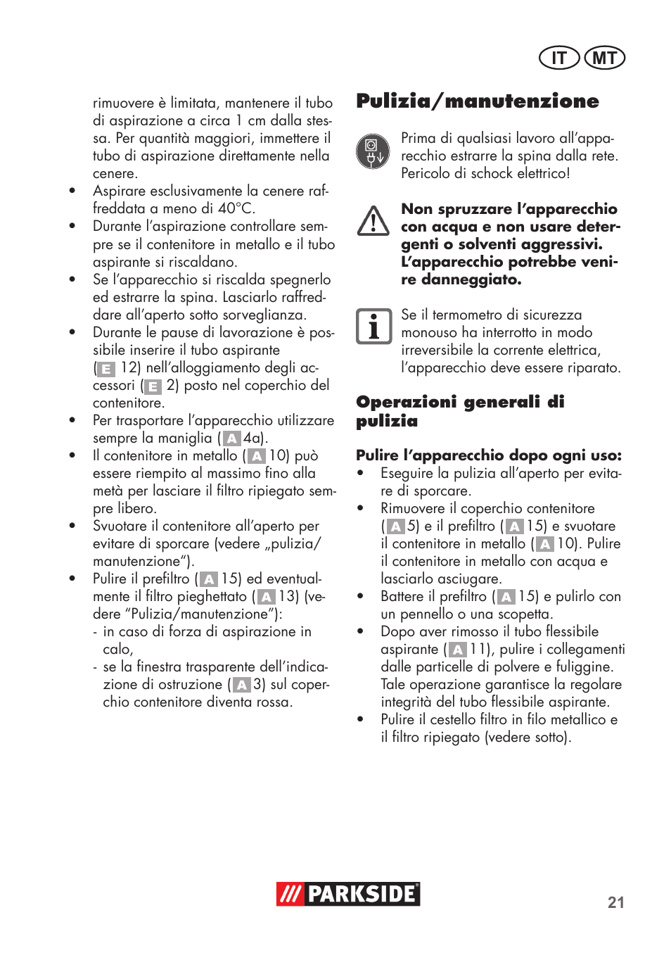 Pulizia/manutenzione, It mt | Parkside PAS 500 D3 User Manual | Page 21 / 66