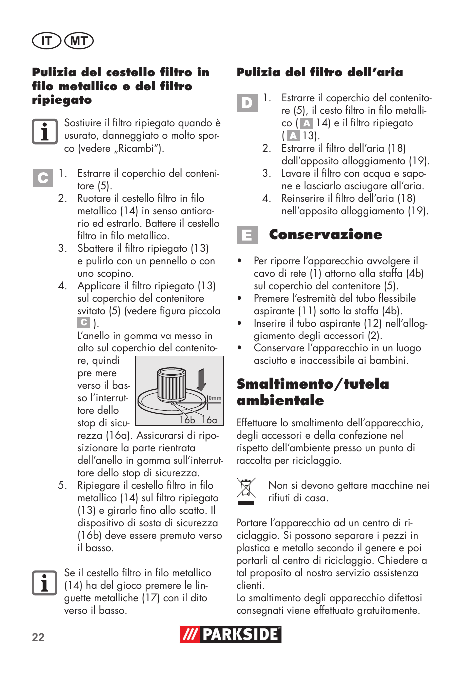 Conservazione, Smaltimento/tutela ambientale, It mt | Parkside PAS 500 D3 User Manual | Page 22 / 66