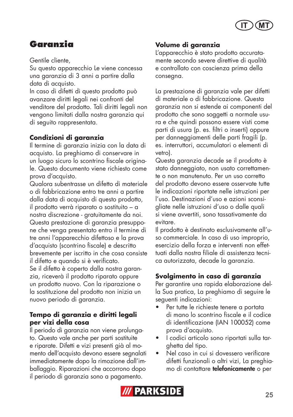 Garanzia, It mt | Parkside PAS 500 D3 User Manual | Page 25 / 66