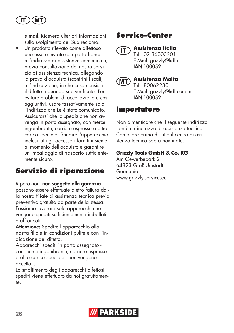 Servizio di riparazione, Service-center, Importatore | Parkside PAS 500 D3 User Manual | Page 26 / 66