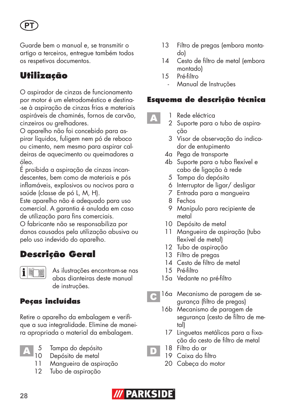 Utilização, Descrição geral | Parkside PAS 500 D3 User Manual | Page 28 / 66