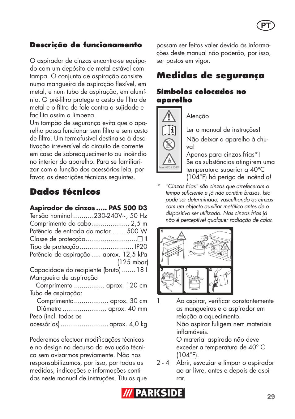 Dados técnicos, Medidas de segurança | Parkside PAS 500 D3 User Manual | Page 29 / 66