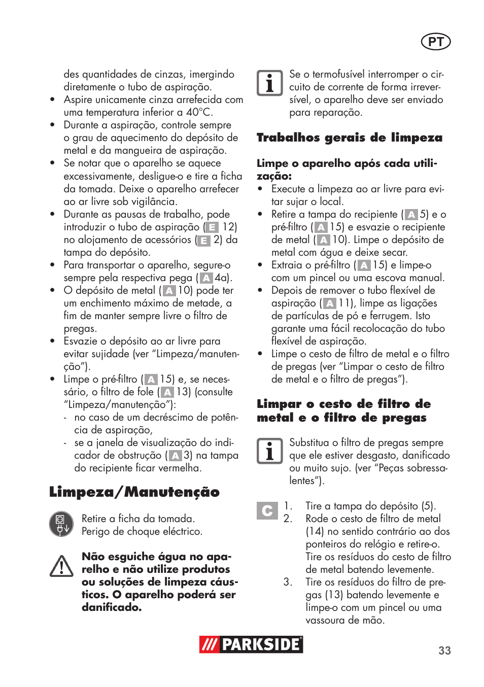 Limpeza/manutenção | Parkside PAS 500 D3 User Manual | Page 33 / 66