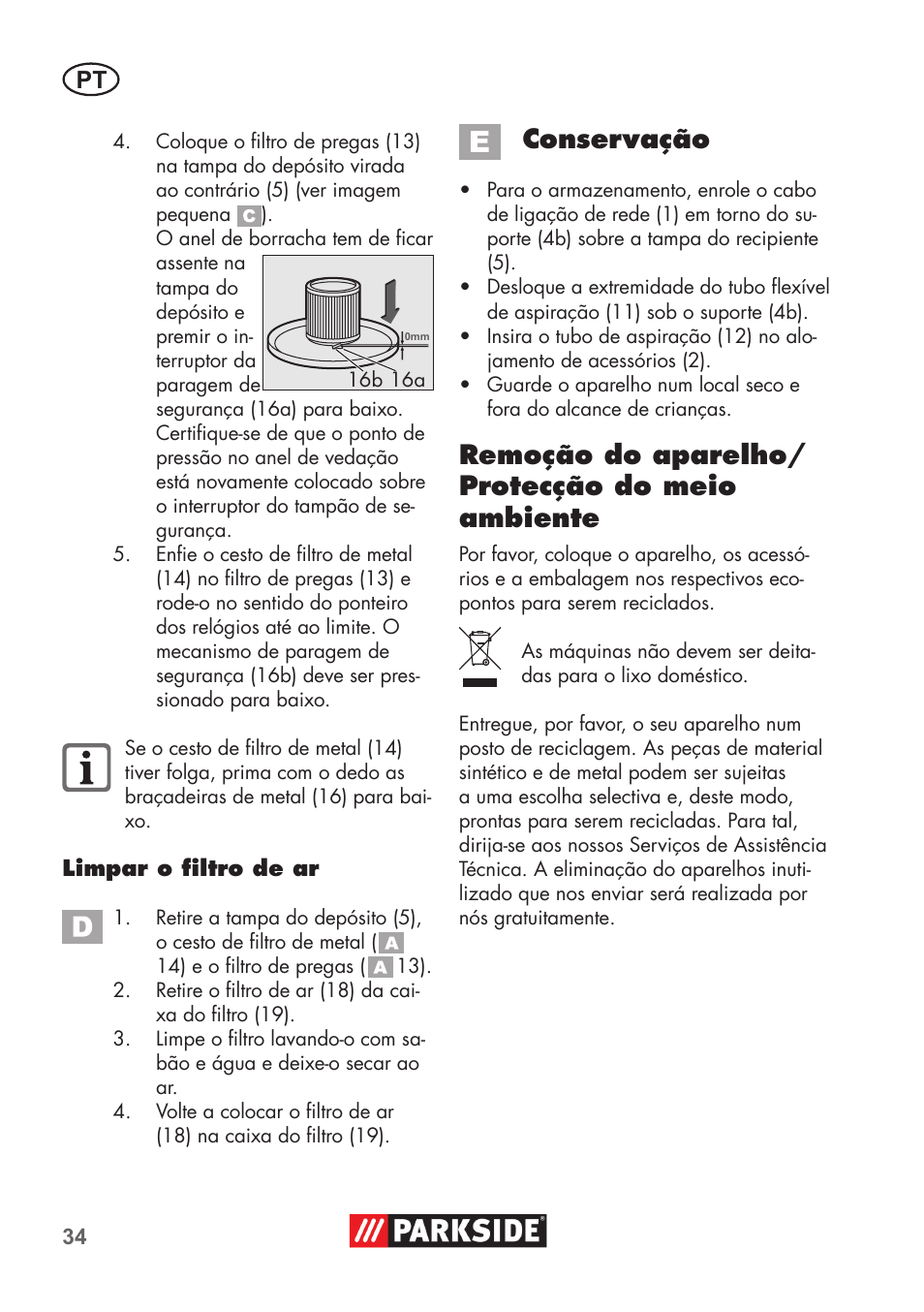 Conservação, Remoção do aparelho/ protecção do meio ambiente | Parkside PAS 500 D3 User Manual | Page 34 / 66