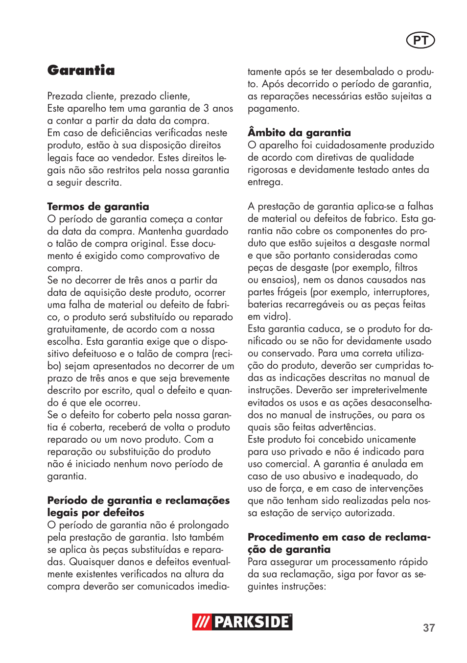 Garantia | Parkside PAS 500 D3 User Manual | Page 37 / 66