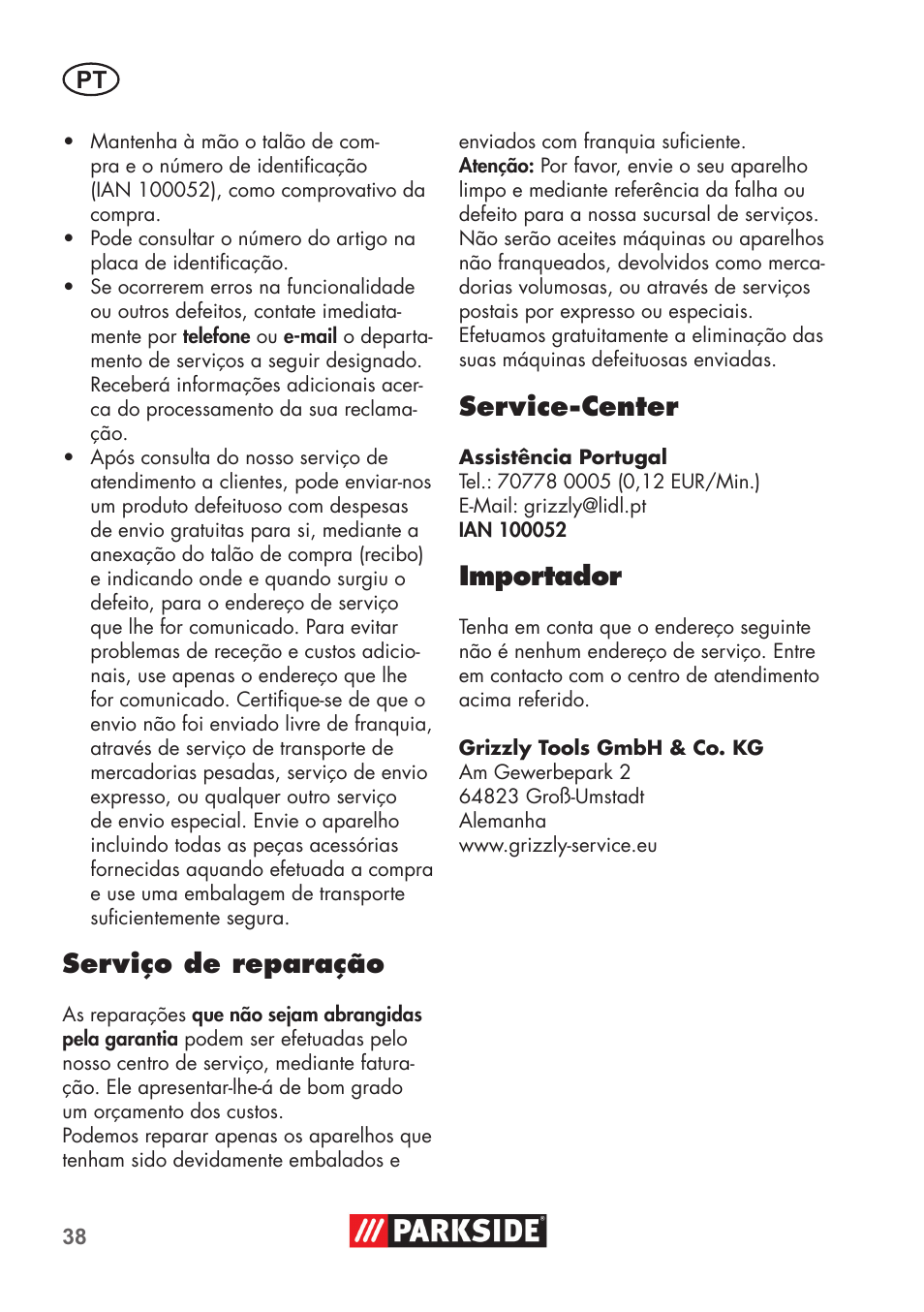 Serviço de reparação, Service-center, Importador | Parkside PAS 500 D3 User Manual | Page 38 / 66