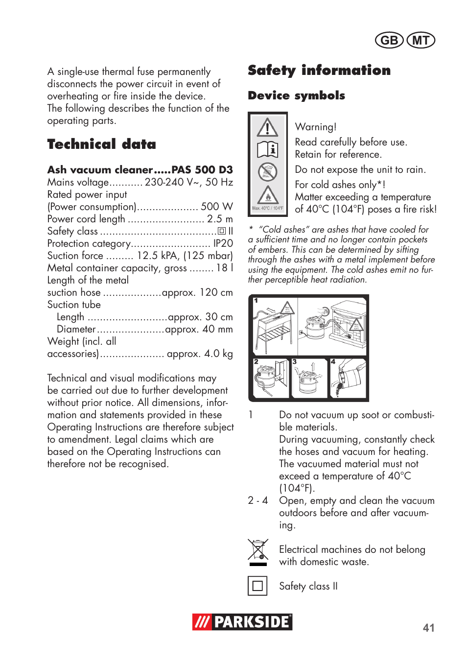 Technical data, Safety information, Gb mt | Parkside PAS 500 D3 User Manual | Page 41 / 66