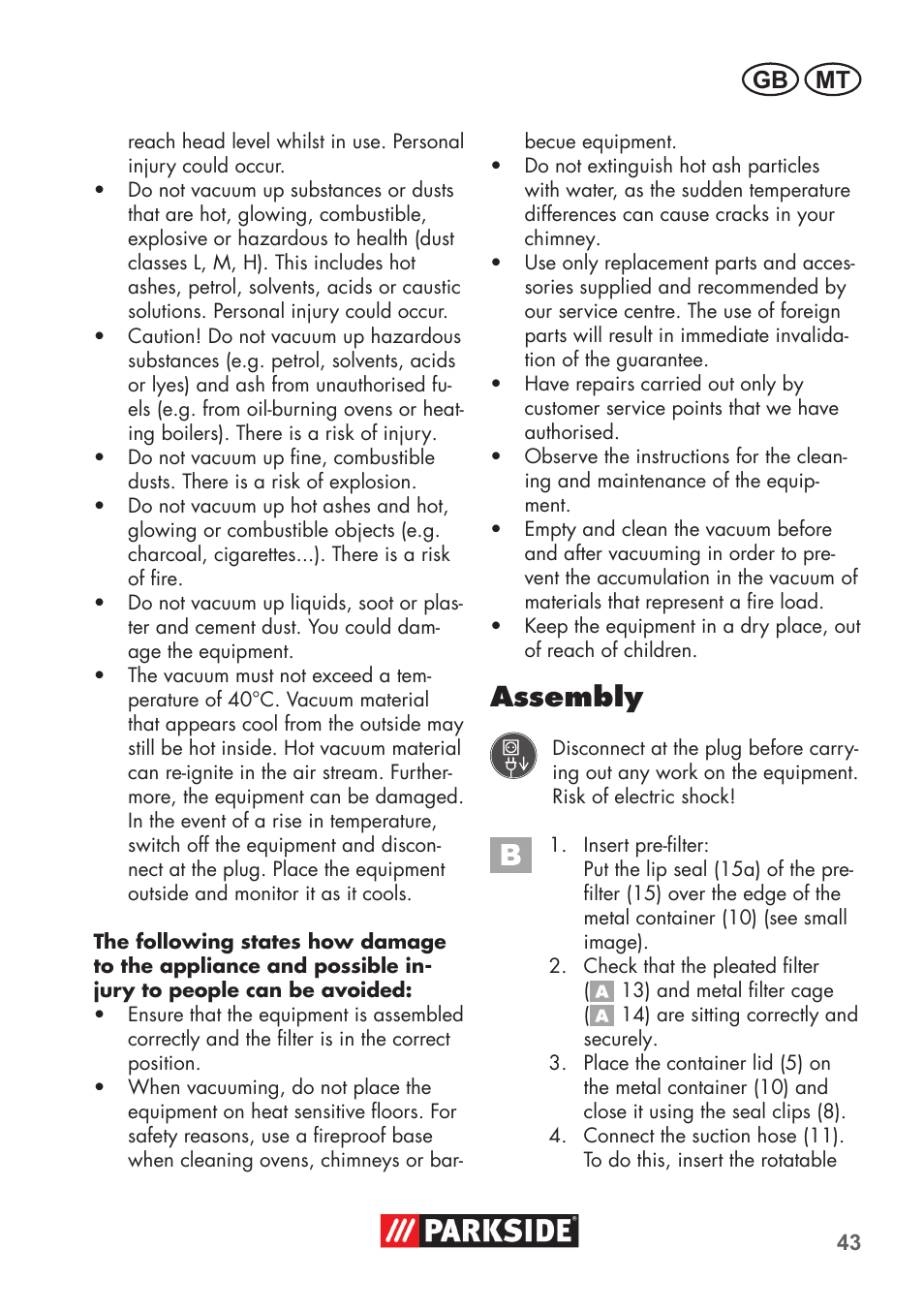 Assembly, Gb mt | Parkside PAS 500 D3 User Manual | Page 43 / 66