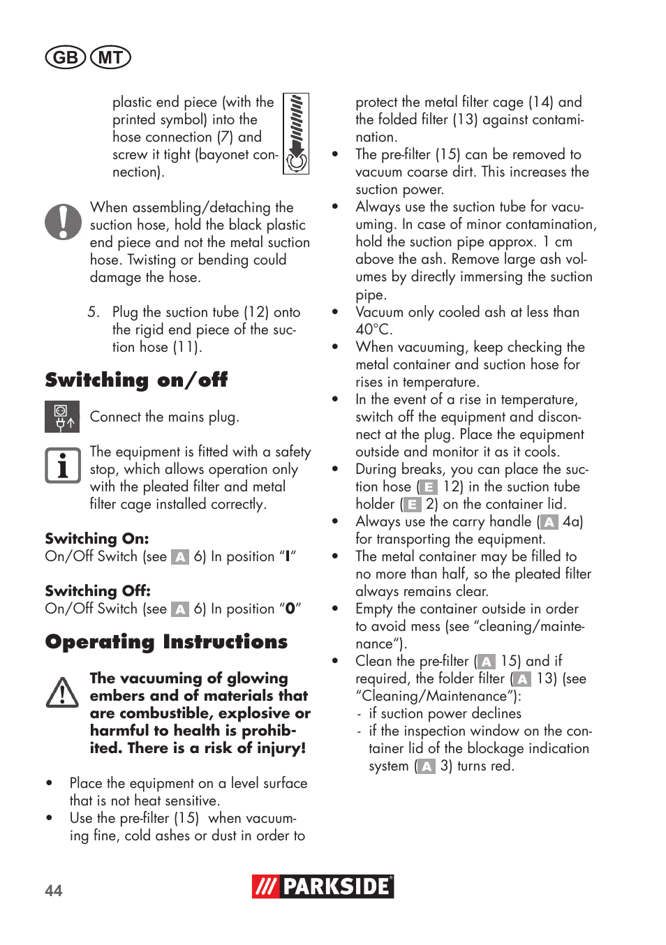 Switching on/off, Operating instructions, Gb mt | Parkside PAS 500 D3 User Manual | Page 44 / 66
