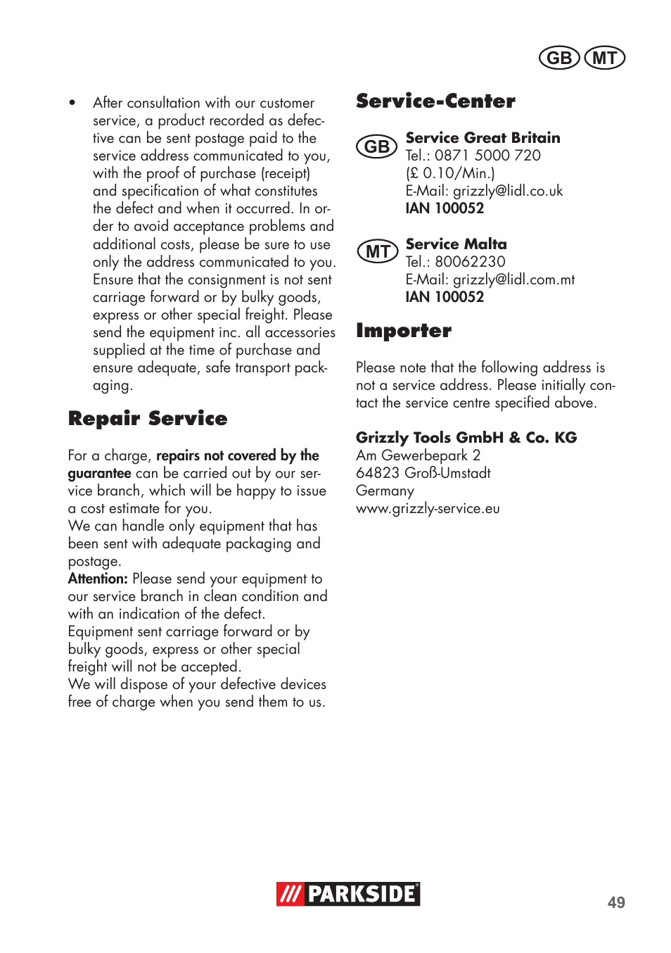 Repair service, Service-center, Importer | Parkside PAS 500 D3 User Manual | Page 49 / 66