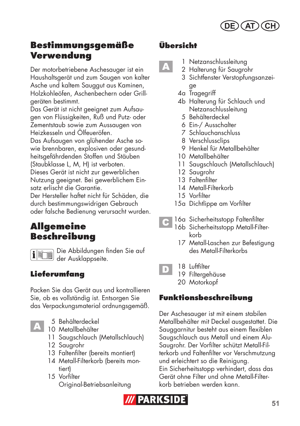 Bestimmungsgemäße verwendung, Allgemeine beschreibung, De at ch | Parkside PAS 500 D3 User Manual | Page 51 / 66