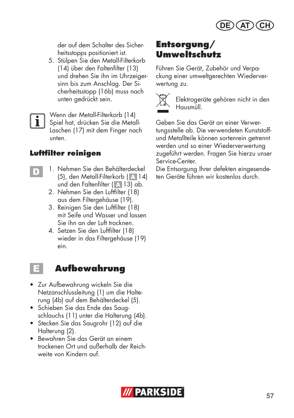 Aufbewahrung, Entsorgung/ umweltschutz, De at ch | Parkside PAS 500 D3 User Manual | Page 57 / 66