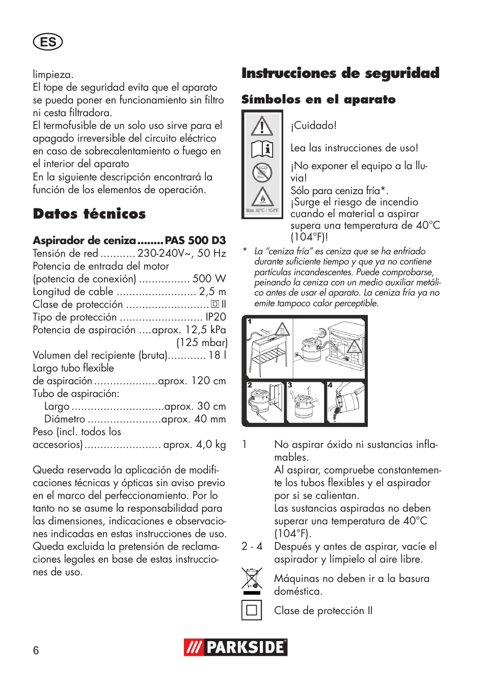 Datos técnicos, Instrucciones de seguridad | Parkside PAS 500 D3 User Manual | Page 6 / 66