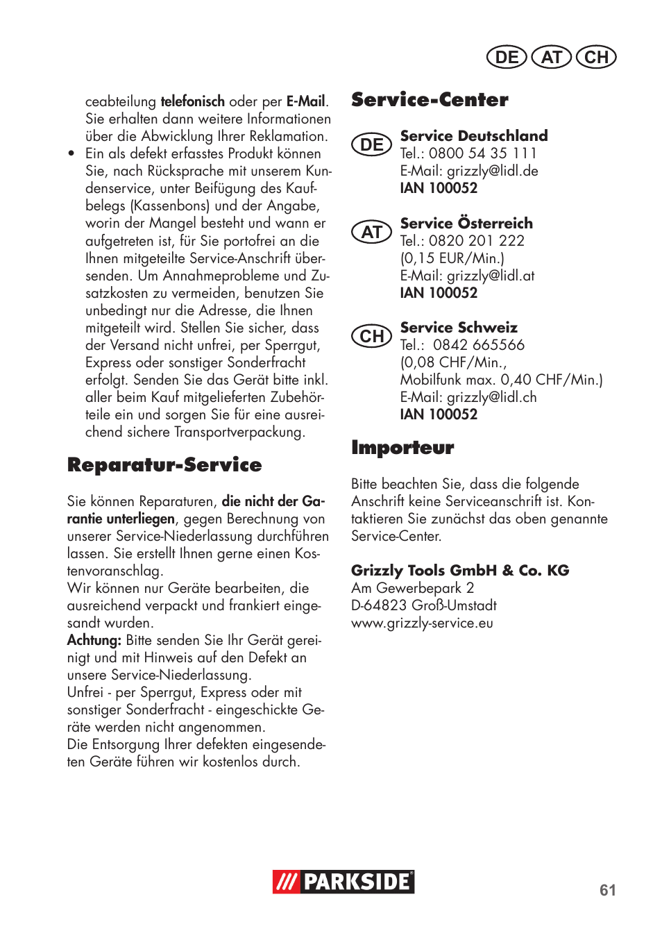 Reparatur-service, Service-center, Importeur | Parkside PAS 500 D3 User Manual | Page 61 / 66