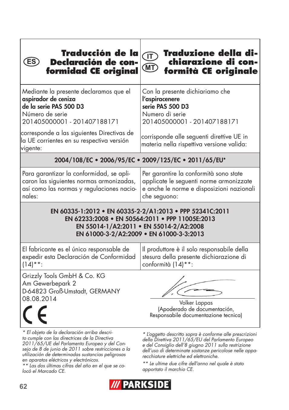 Parkside PAS 500 D3 User Manual | Page 62 / 66