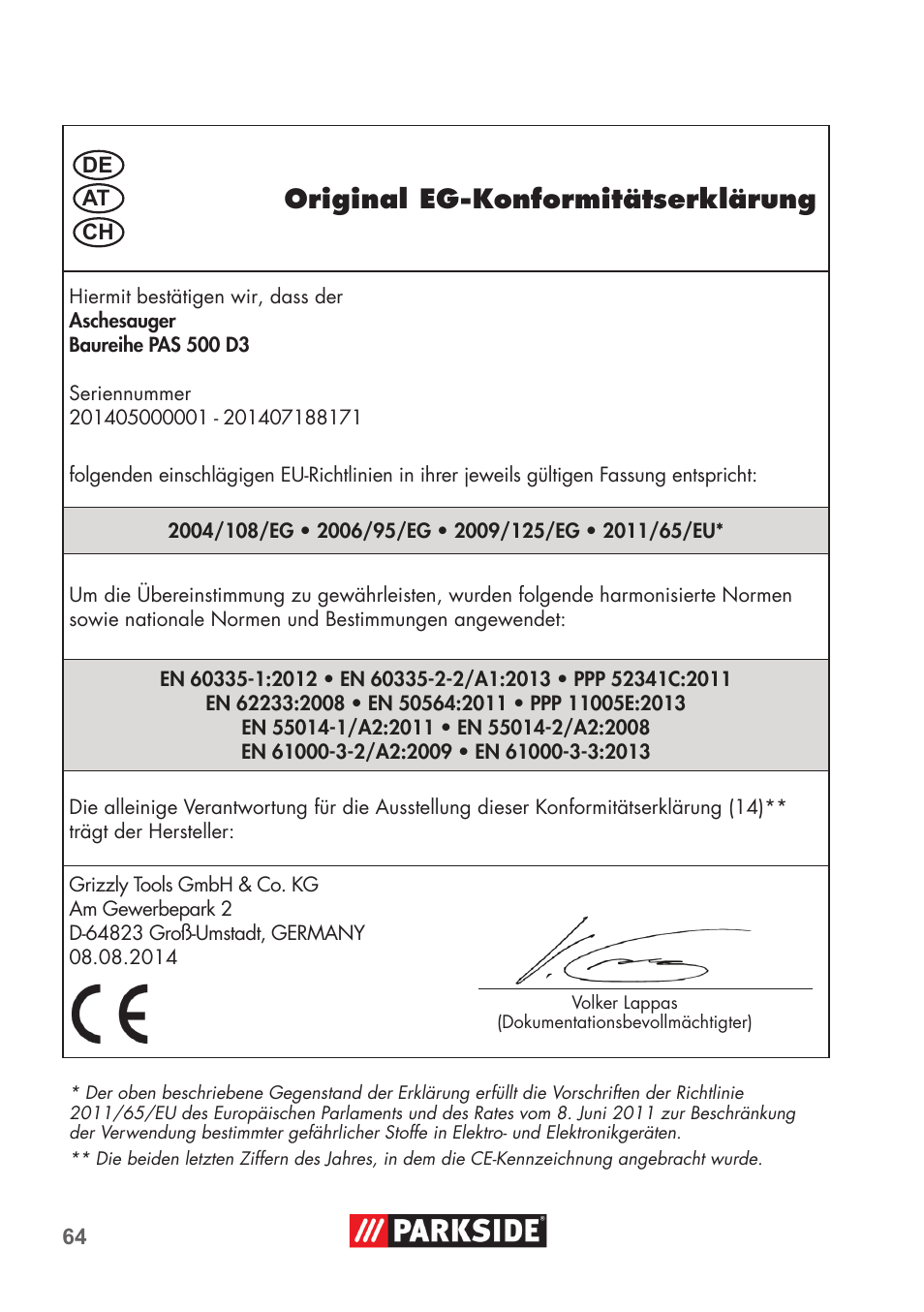 Original eg-konformitätserklärung | Parkside PAS 500 D3 User Manual | Page 64 / 66