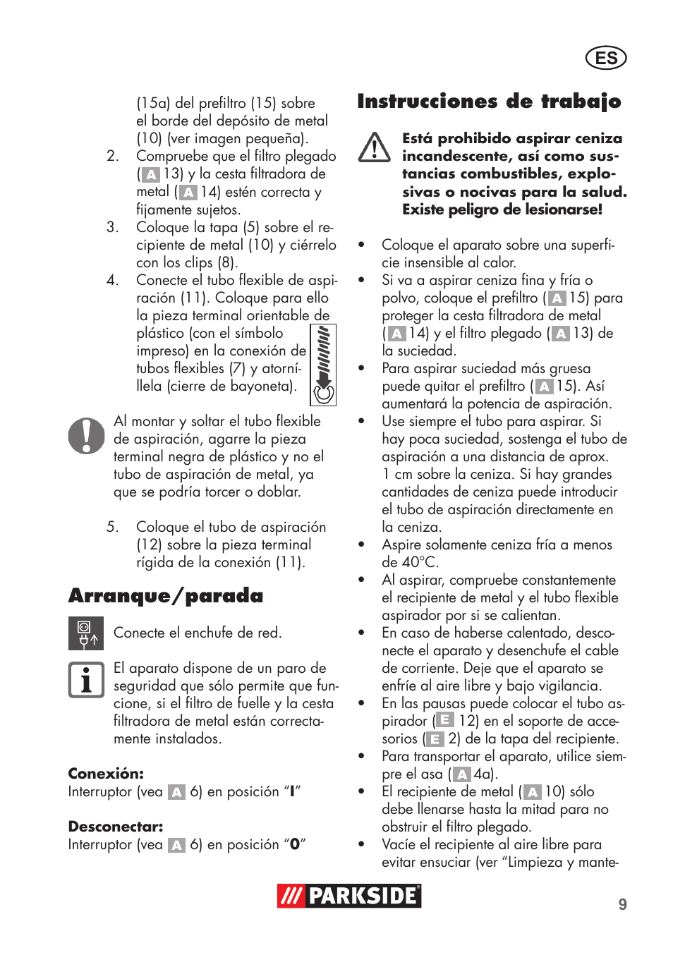 Arranque/parada, Instrucciones de trabajo | Parkside PAS 500 D3 User Manual | Page 9 / 66