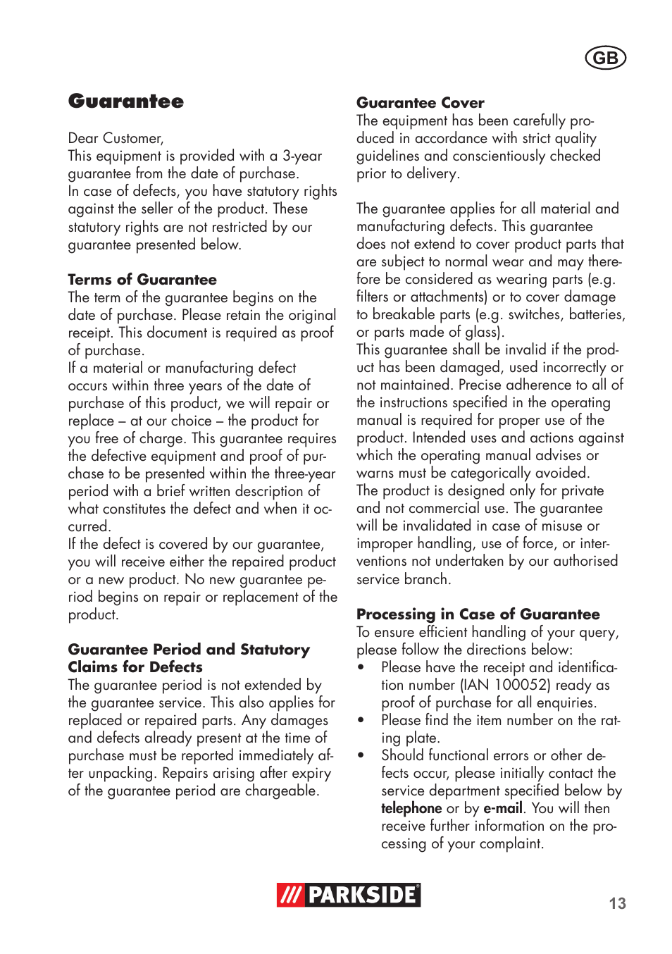 Guarantee | Parkside PAS 500 D3 User Manual | Page 13 / 90