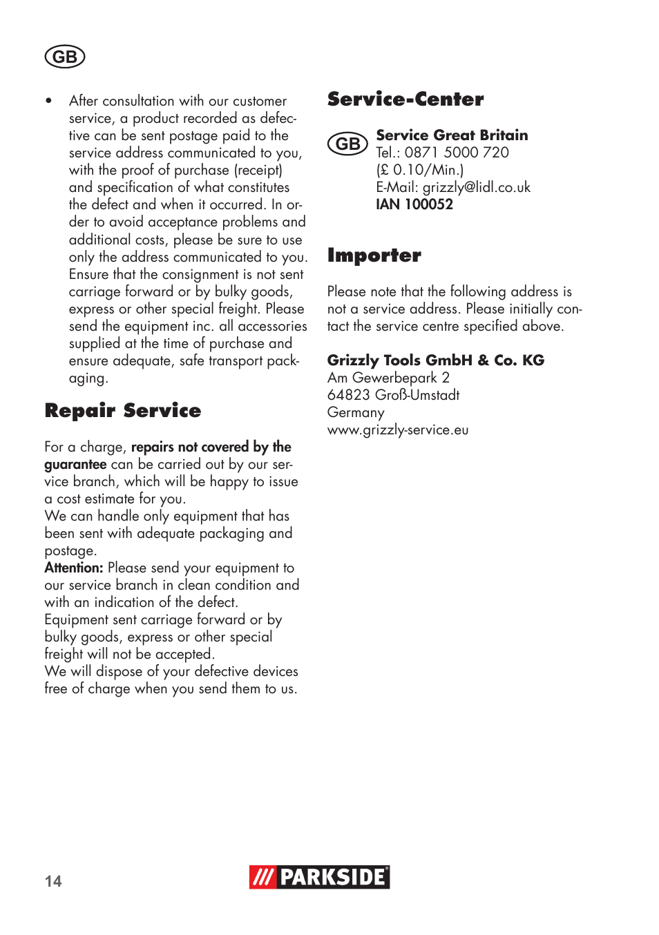 Repair service, Service-center, Importer | Parkside PAS 500 D3 User Manual | Page 14 / 90