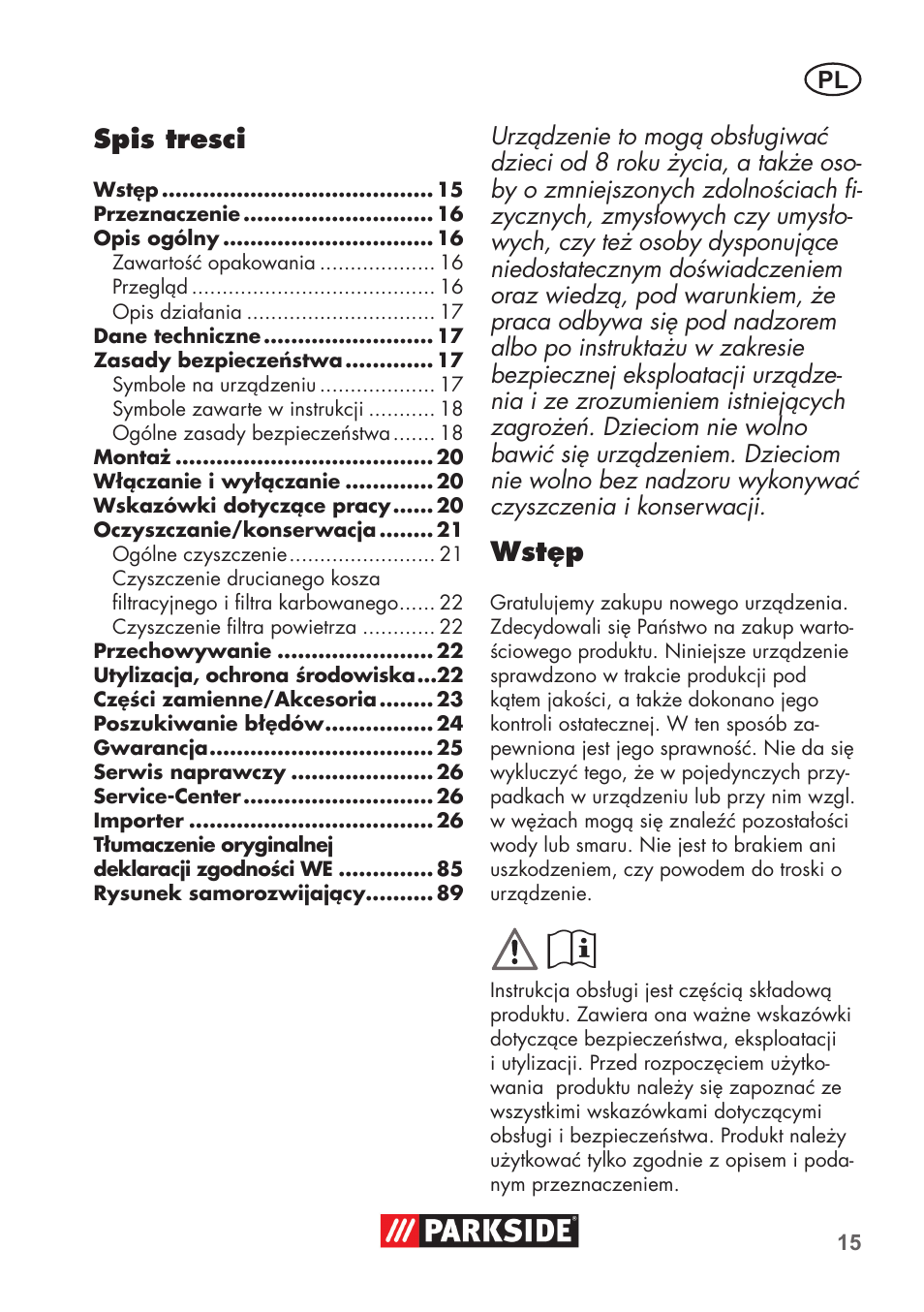 Spis tresci, Wstęp | Parkside PAS 500 D3 User Manual | Page 15 / 90