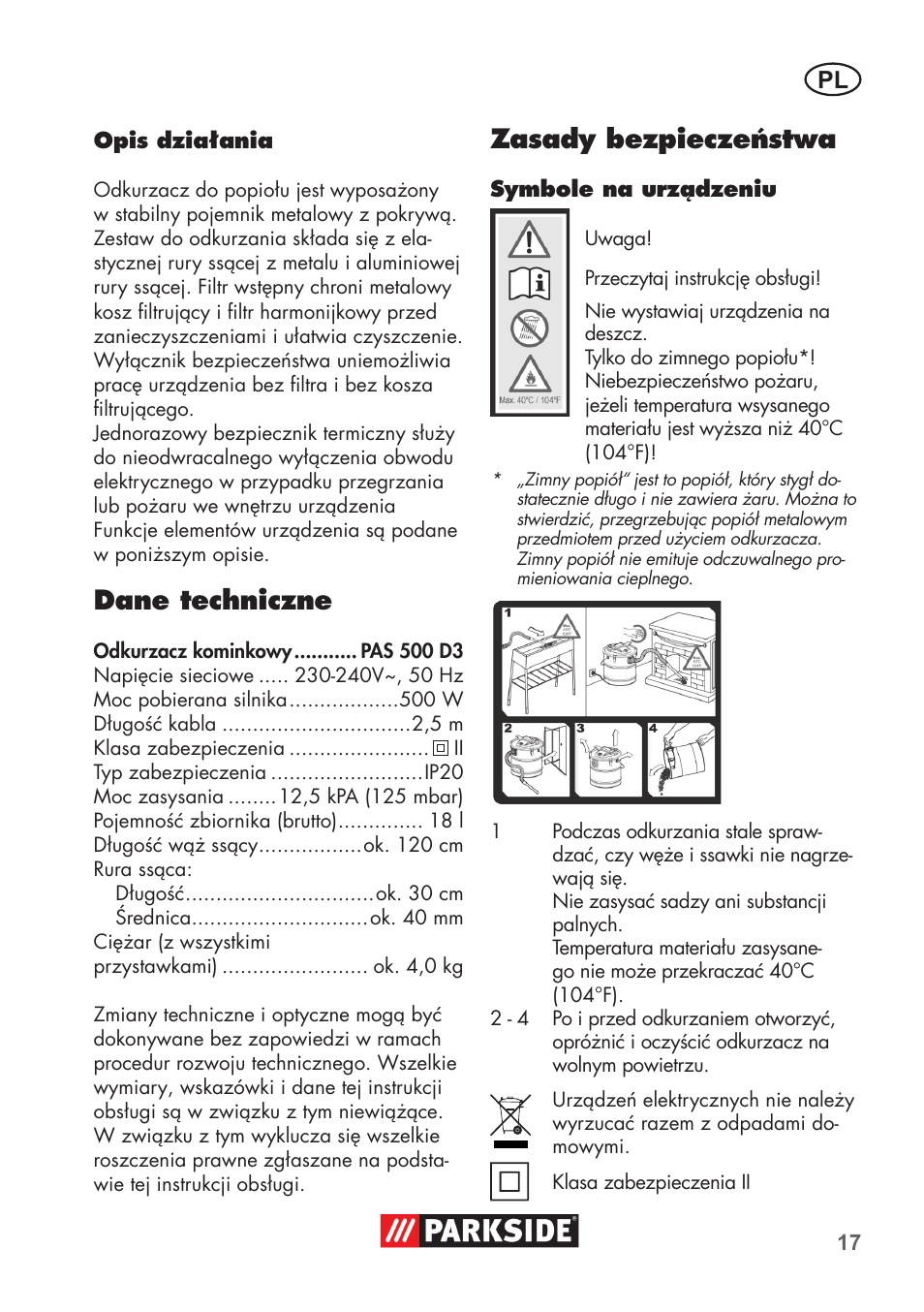 Dane techniczne, Zasady bezpieczeństwa | Parkside PAS 500 D3 User Manual | Page 17 / 90