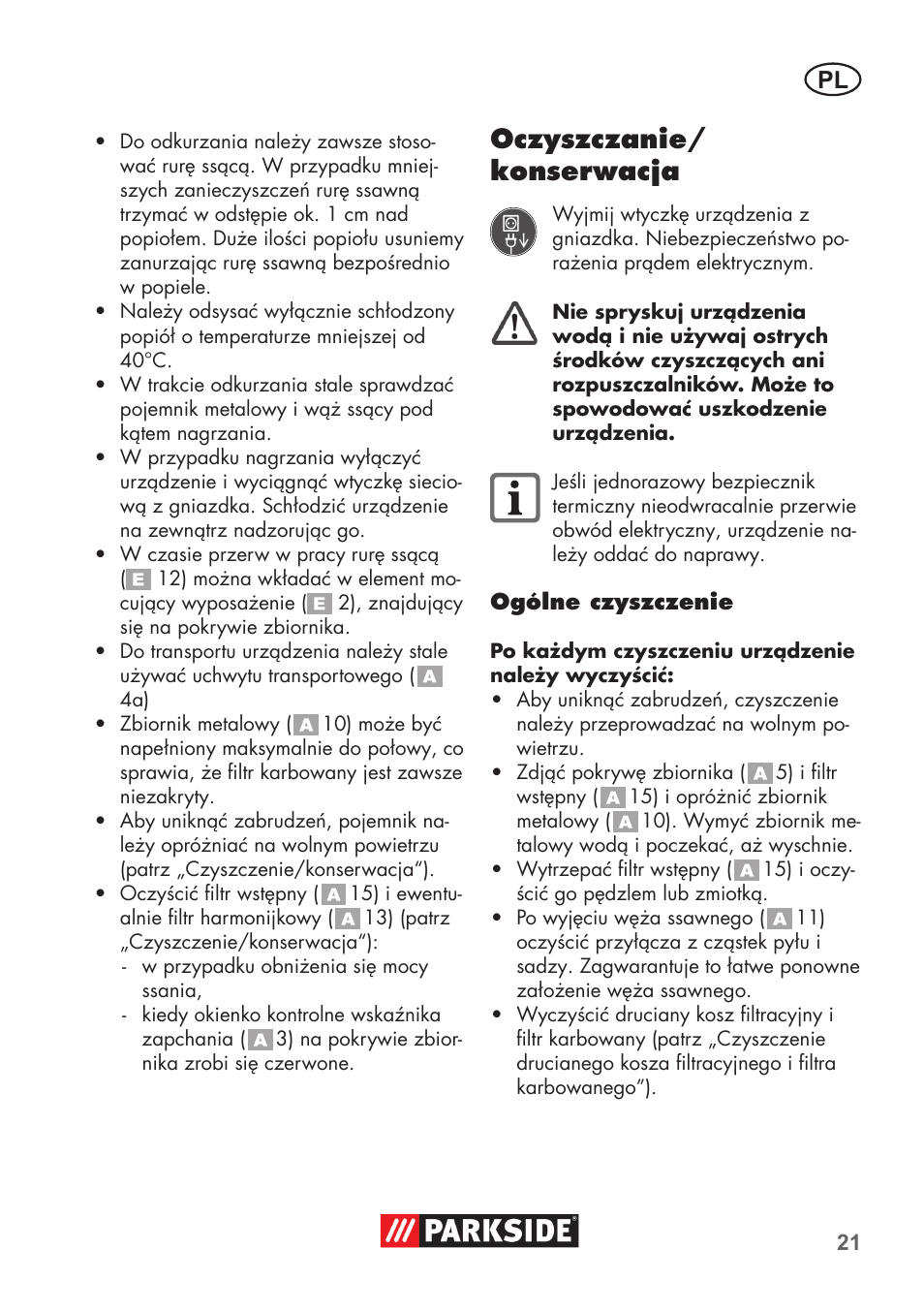 Oczyszczanie/ konserwacja | Parkside PAS 500 D3 User Manual | Page 21 / 90