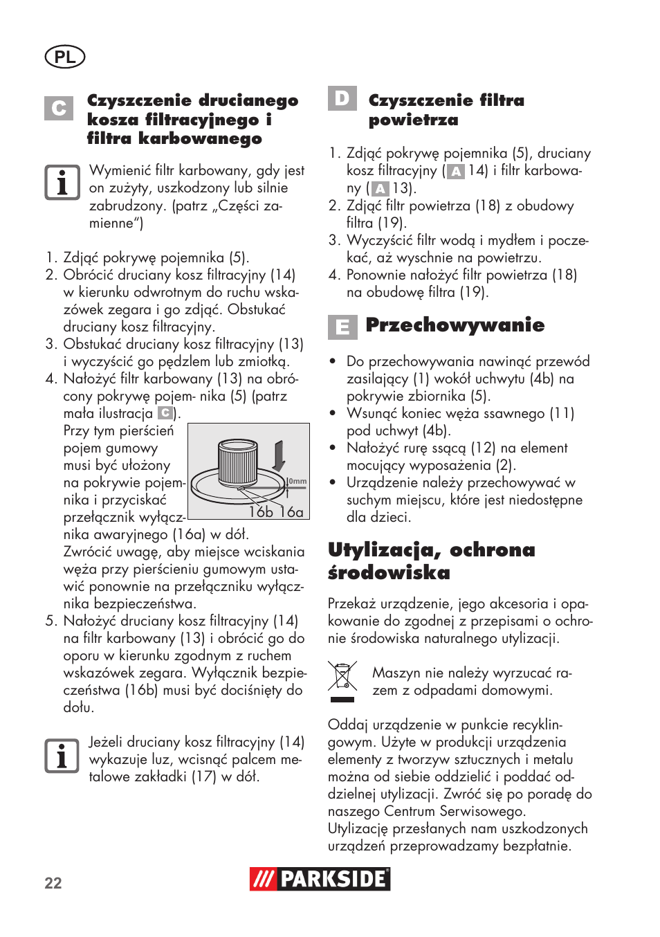 Przechowywanie, Utylizacja, ochrona środowiska | Parkside PAS 500 D3 User Manual | Page 22 / 90