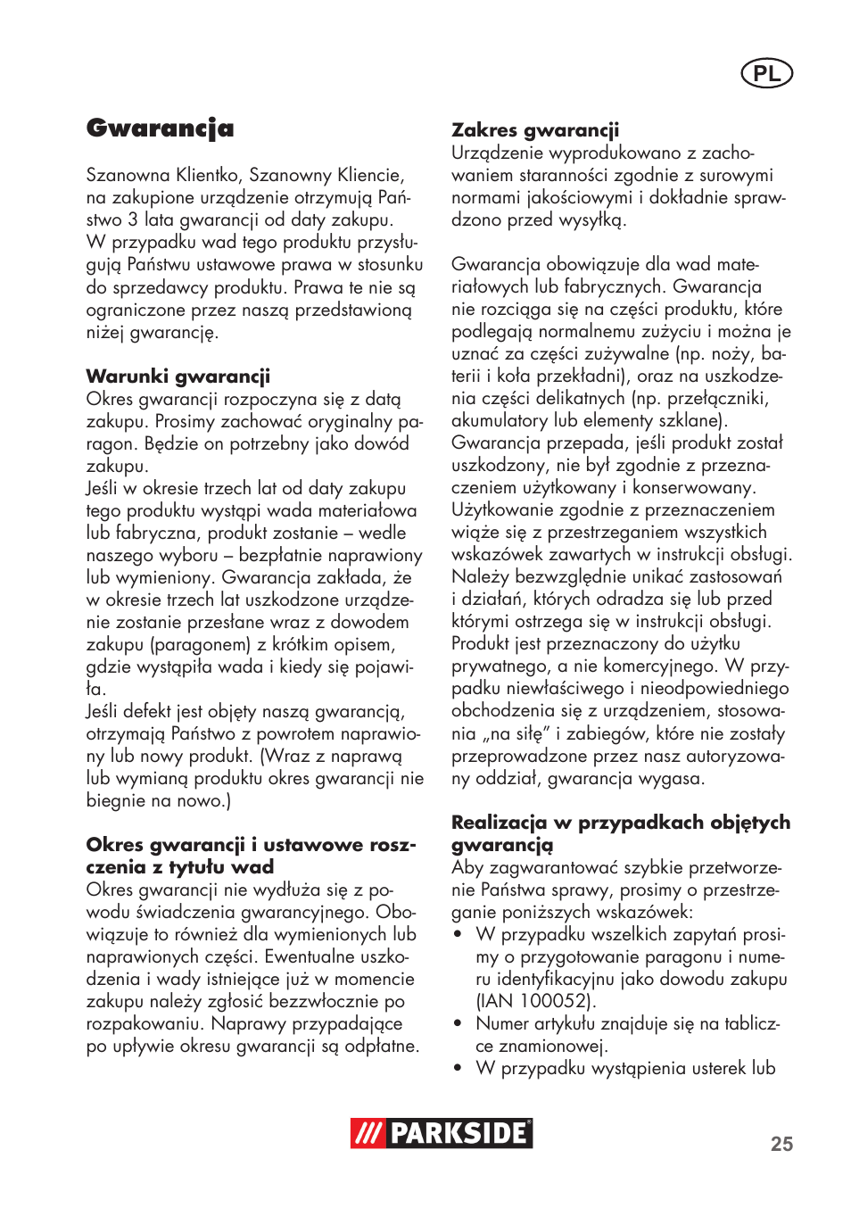 Gwarancja | Parkside PAS 500 D3 User Manual | Page 25 / 90