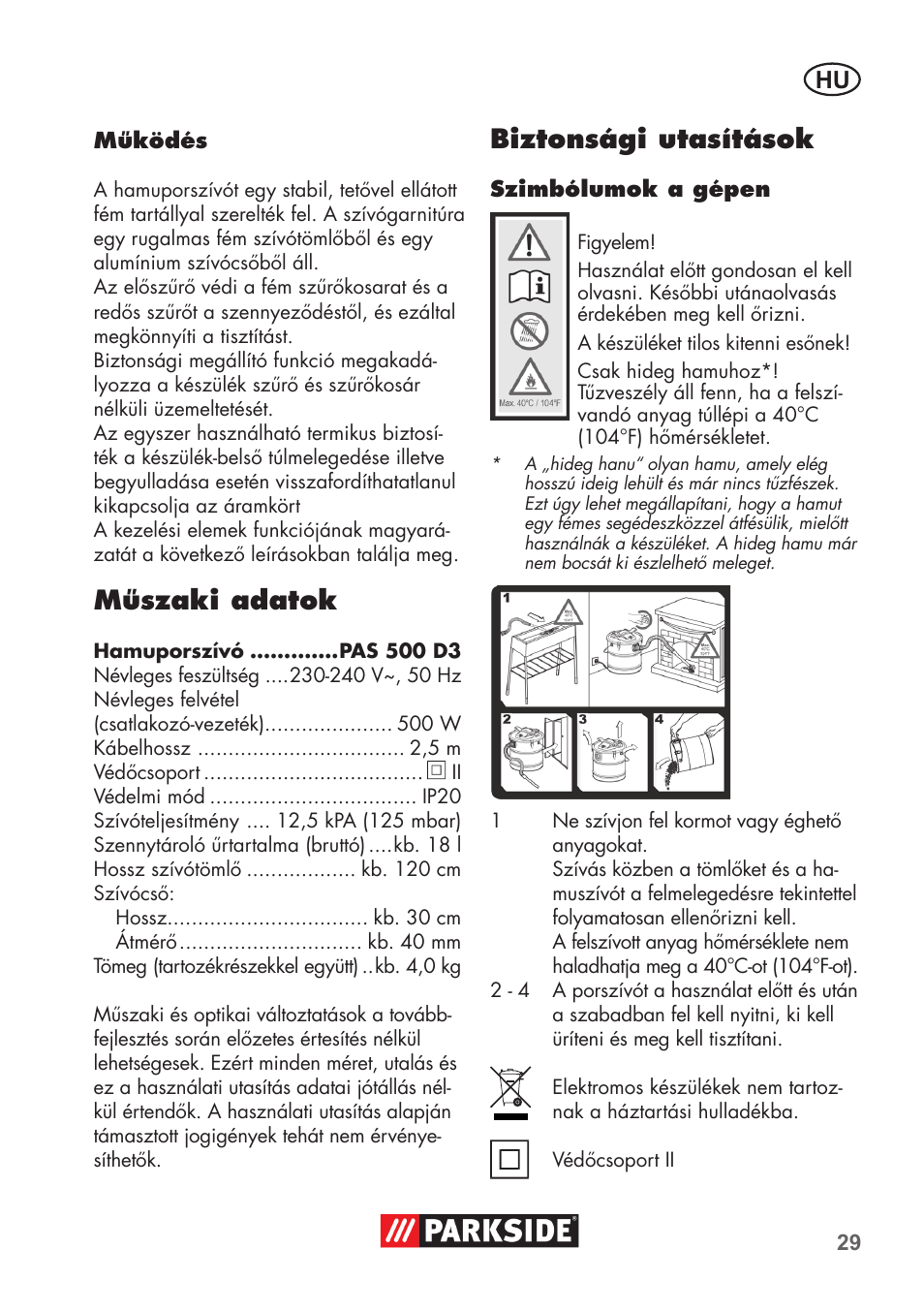 Műszaki adatok, Biztonsági utasítások | Parkside PAS 500 D3 User Manual | Page 29 / 90