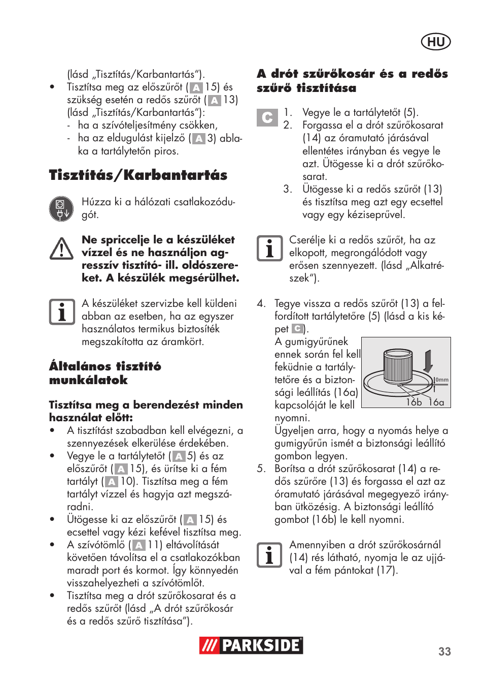 Tisztítás/karbantartás | Parkside PAS 500 D3 User Manual | Page 33 / 90